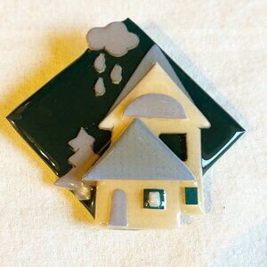 Vintage Lucinda House Pin Handmade Brooch With Cloud & Rain